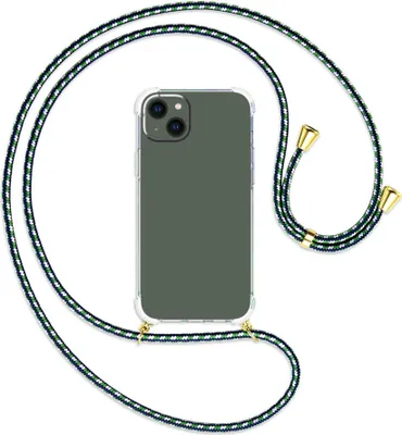 Produktbild von Handykette Backcover-Schutzhülle mit Band (Metall goldfarben) für Apple iPhone 14 Plus (6.7'') - grün/blau/weiß