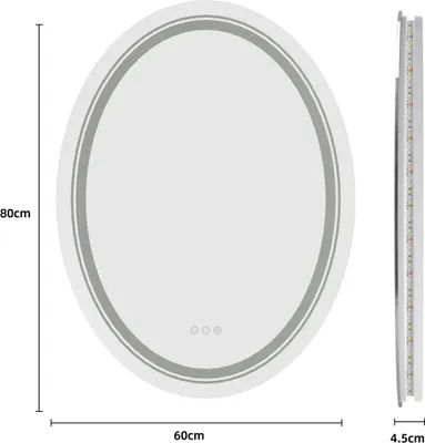 A diagram showing the dimensions of an oval LED bathroom mirror.