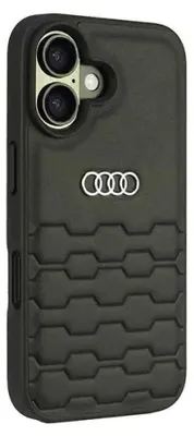 A black Audi branded iPhone case shown from a diagonal angle.