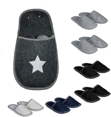 Produktbild von Relaxdays Gästehausschuhe 6 Paar, Hausschuhe, Stern-Tasche, Größen 36-45, Filzpantoffeln, Antirutsch-Sohle, mehrfarbig