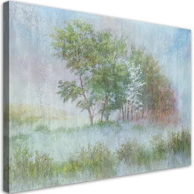 Produktbild von Leinwandbild bäume auf einer nebligen wiese 90x60 cm Feeby grün wandbild bereit zum aufhängen