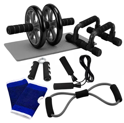 Produktbild von Relaxdays Fitness Set, 9-tlg., Bauchroller, Liegestützgriffe, Handtrainer, Springseil, Fitnessband, Kniematte, schwarz