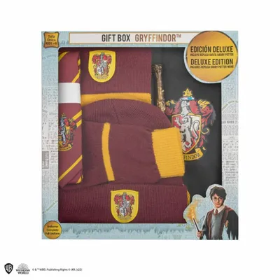 A gift box containing Harry Potter Gryffindor merchandise, including a scarf, hat, and wand replica, with a depiction of Harry Potter on the front.