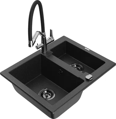 Produktbild von Mexen Carlos 1,5-Becken-Granitspüle mit Mischbatterie Duo, Schwarz/Silbermetallic - 6518-73-671701-07-B