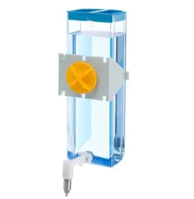 A pet water bottle with a blue top and a clear body, attached to a white mounting bracket with a yellow dial.