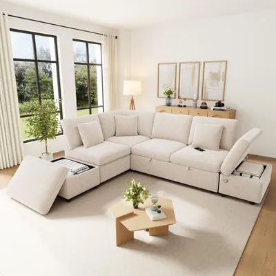 Produktbild von STILVORA Wohnlandschaft 6-Sitzer mit Schlaffunktion, Ecksofa mit Stauraumhocker und USB/Type-C, Schlafsofa mit wechselbarer Chaiselongue, Chenille, Beige