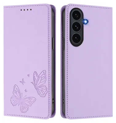 Image de Étui en cuir pour Samsung Galaxy S25 FE, motif papillon en relief, étui portefeuille à rabat avec support, violet clair