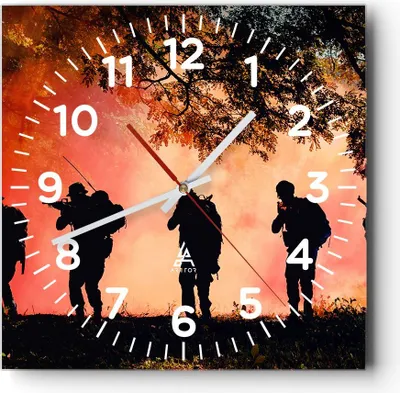 Produktbild von Wanduhr - Quadrat - Glasuhr - Soldat Gewehr - 30x30cm - Schleichendes Uhrwerk - Lautlos - zum Aufhängen bereit - Dekoration Modern - Wanddekoration aus Glas - C4AC30x30-3977