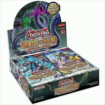 A display box of Yu-Gi-Oh! Trading Card Game Battles of Legend Monstrous Revenge booster packs.