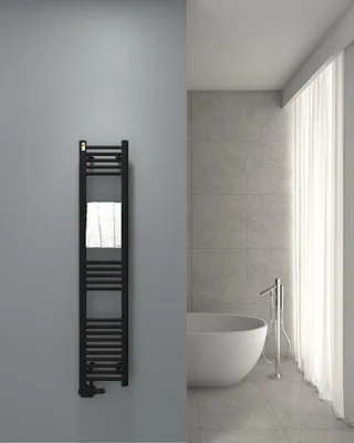 Produktbild von Badheizkörper Schwarz matt 300 x 1500 mm – Handtuchheizkörper Austausch-Heizkörper mit Seitenanschluss 50 mm, 407 Watt, ohne Heizstab