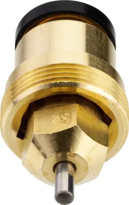 A close-up, isolated shot of a brass valve component with a black cap and a silver metal pin.