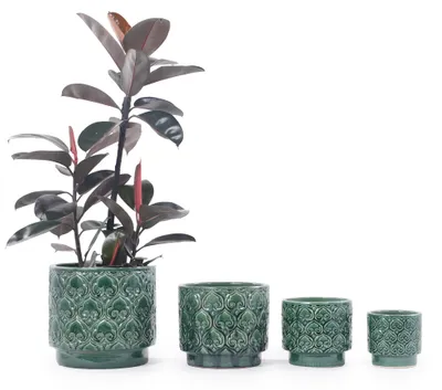 Produktbild von Keramik-Pflanztopf Ø38cm, handgefertigt, Herz-Ornament-Relief, atmungsaktiv, frostsicher, Ablaufloch. Green