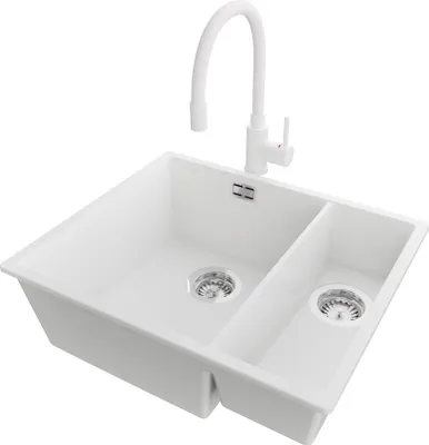 Produktbild von PRIMAGRAN Unterbauspüle Granit Weiß 56x47cm, Spülbecken 1,5 Becken + Küchenarmatur 38x14cm + Ablauf-Set, Granitspüle ab 60er Unterschrank - London Duo