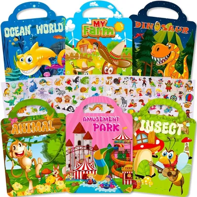 Imagen del producto de Stickerbücher wiederverwendbar, 6 Stück, 3-5 Jahre, mit Dinosaurier- und Unterwassertieren