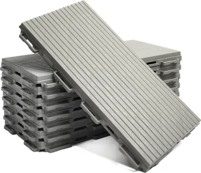 Produktbild von Terrassenfliesen aus Kunststoff, Klicksystem, 30 x 15 cm, 8 Stück, 0,35 qm, Balkonfliesen, Bodenbelag, Klickfliesen in Holzoptik, Wetterfest, Grau