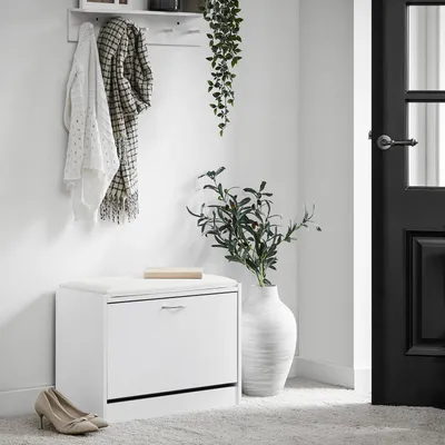 Immagine prodotto di FSR16 - Panca porta scarpe con cuscino - 1 ribalta - Stretta - Legno - 60 x 46 x 30 cm - Bianco