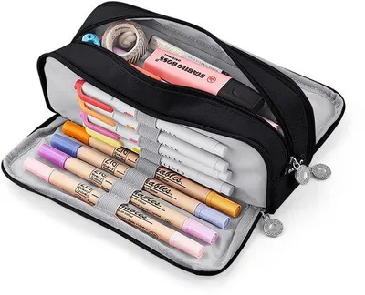 Image de Trousse pour filles et garçons, trousse pour filles et adolescentes, grande trousse à 3 compartiments, trousse pour enfants et adultes, trousse pour écoliers, noire, grande