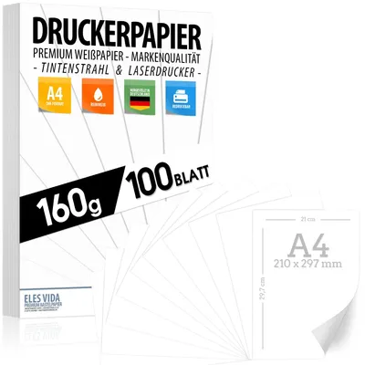 Produktbild von 100 BLATT weißes Druckerpapier 160g/m² – PREMIUM PAPIER Reinweiß, DIN A4