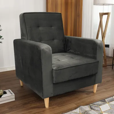 Produktbild von Sessel aus Velourstoff Bamako Loungesessel mit Holzbeine Polstersessel für Wohnzimmer, Stoff: kronos 15 - khaki-grau