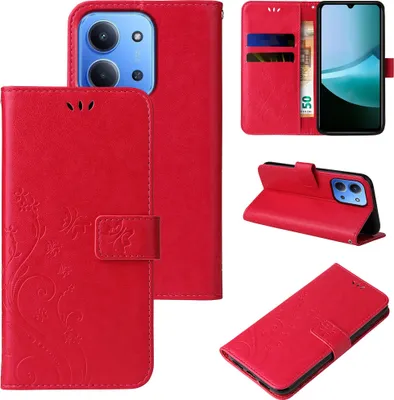 Produktbild von Handyhülle für Xiaomi Redmi 15C Floral Blumen Schmetterling Flip Cover Hülle Case Klapphülle Handytasche Farbe: Rot