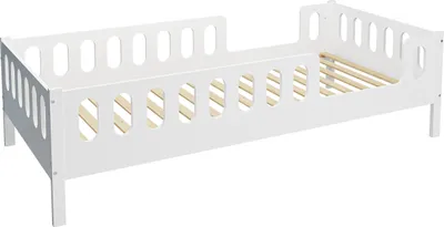 A white children's bed with a slatted base and protective rails on the sides.