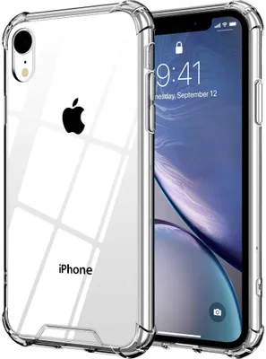 A clear iPhone XR case is shown with the phone inside, displaying the phone's screen.