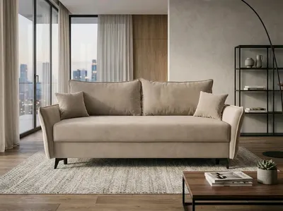 Produktbild von NORDELO Sofa mit Schlaffunktion und Bettkasten COSOLETO 230x104x90 cm Beige Schlafsofa 3-Sitzer, Velours BLUVEL