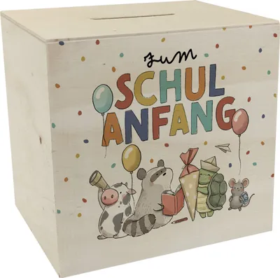 Produktbild von Tiere zur Einschulung Spardose aus Holz mit Spruch Zum Schulanfang