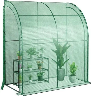 Obrázok produktu pre Záhradný domček s kvetináčmi a dvoma dverami - fóliový skleník na rastliny - 198,5 x 98 x 215 cm - zelený