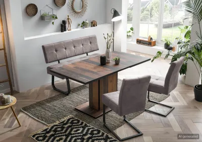 Produktbild von Hela Tische, 4tlg. Essgruppe Luise, Tisch Oldwood Nachbildung ausziehbar (120-160cm), Sitzbank 3er Lehne Federkorb, Freischwinger Stuhl Grau Federkorb