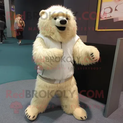 Produktbild von Cremefarbener REDBROKOLY Faultier-Bär Maskottchen Kostüm charakter bekleidet mit einem Pullover und Schuhclips