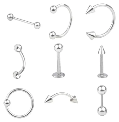 Produktbild von 9-teiliges Piercing-Schmuckset aus Chirurgenstahl mit Zungennadel und Nippelring für Augenbrauen, Lippen und Nägel (Stahl)
