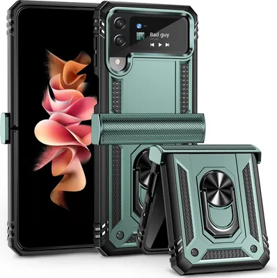 Obrázek produktu pro Pouzdro pro Samsung Galaxy Z Flip 3 5G, dvouvrstvé robustní, vojenská ochrana, s ochranou pantu, držákem prstenu a stojánkem zelené