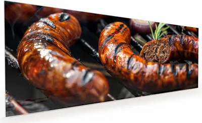 Produktbild von Küchenrückwand Spritzschutz Glas mit Motiv Grillwurst B B Q 40 x 40 cm