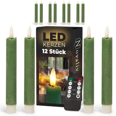 Produktbild von Stabkerzen LED mit Timer Grün 12 Stück indoor - 6 Stunden - ECHTWACHS 18cm Höhe für Kerzen 2,2cm Durchmesser 2 AAA Batterien notwendig LED Stabkerzen 2er Set Grün (drei Mal) bewegliche Flamme Licht