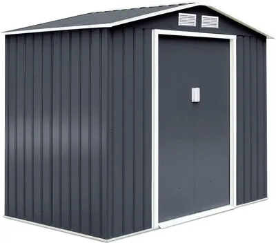 A dark gray metal garden shed with a white trim and double doors.