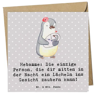 Produktbild von Mr. & Mrs. Panda Grußkarte Hebamme Lächeln - Grau Pastell - Geschenk, faltkarte, Geburtshaus, Nachsorge, Beruf, Freude, Berufspassion, Glückwunschkarte, Klappkarte
