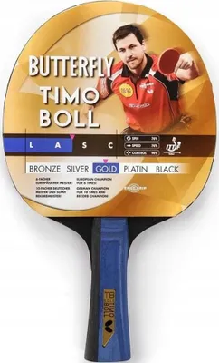 A table tennis bat with a picture of Timo Boll and marketing text.