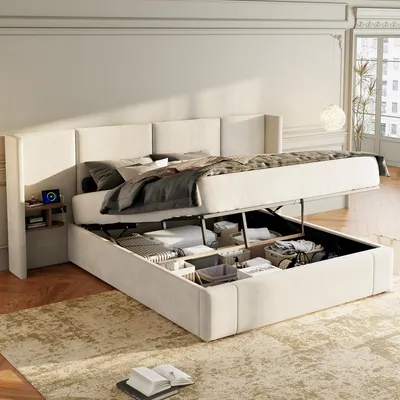Image de MODFU Lit Coffre Capitonné 160x200 cm - Lit Double Hydraulique en Velours Beige avec Ports USB et Type-C, Rangements et Tables de Chevet, Sans Matelas