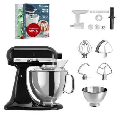 Produktbild von KitchenAid 4,8 L 5KSM175 Artisan Küchenmaschine Set 2 Fleischwolf+Spritzgebäckvorsatz Onyx Schwarz