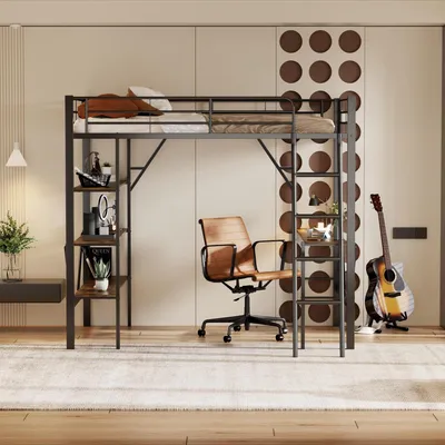 A loft bed with a desk and shelves underneath, set up in a room with a chair and a guitar.