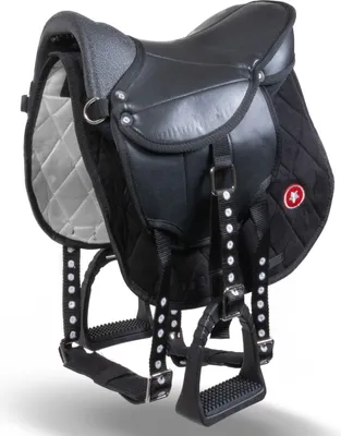 A black horse saddle with stirrups, shown from a slightly elevated front-side angle against a white background.