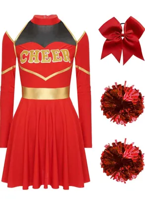 Produktbild von Damen Cheerleader Kostüm Größe M – Langarmig Cheerleading Uniform mit Pompoms & Haarband Perfekt für Halloween, Karneval & Party & Tanzauftritte