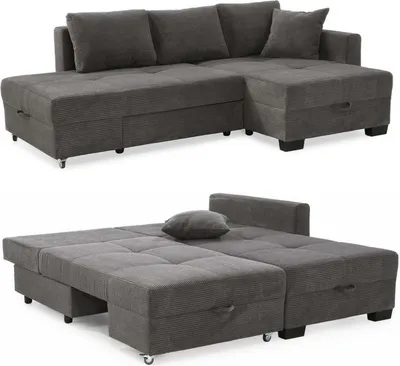 Produktbild von Ecksofa Schwenkfunktion Doppelbett Schlafcouch Bettkasten Cord in Dunkelgrau / 15214