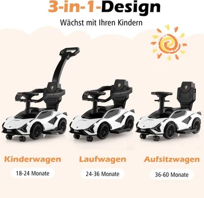Produktbild von 3-in-1 Lamborghini Rutschauto Schiebauto mit Scheinwerfern & Musik & Stauraum Weiß