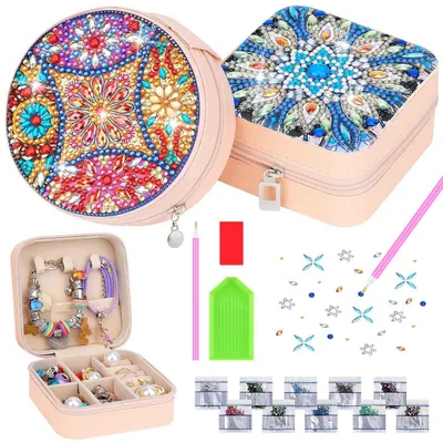 Immagine prodotto di Set di 2 scatoline per gioielli da decorare con la tecnica del diamond painting, colore rosa, kit creativo per realizzare un regalo