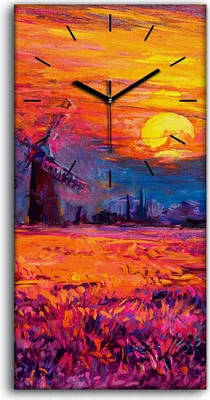 Produktbild von Wandbild Leinwand Bilder Wanduhr Quarz 30x60 Windmühle Sonne Himmel Blume - schwarze Hände