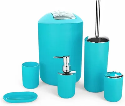 Immagine prodotto di Set da bagno composto da 6 pezzi, color turchese, con dispenser per sapone e spazzola per WC, accessori per il bagno