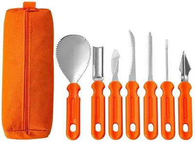 Produktbild von Professionelles, 7-teiliges, robustes Kürbisschneidwerkzeug aus Edelstahl, ideal für das Dekorieren von großen Rucksäcken.