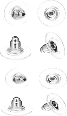 Multiple views of clear and silver silicone earring stoppers.